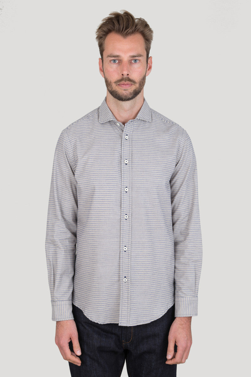 Italian Flannel Spread Collar - White Grey Stripe