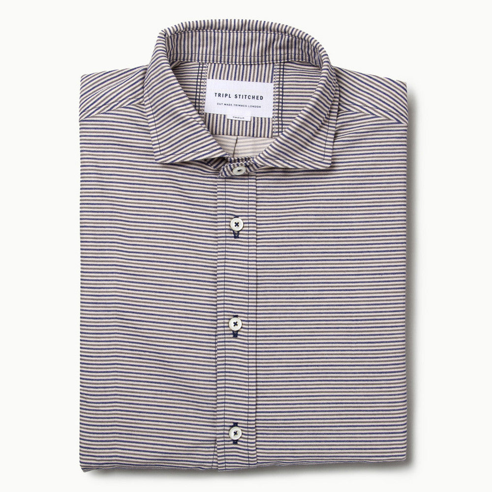 Italian Flannel Spread Collar - White Grey Stripe
